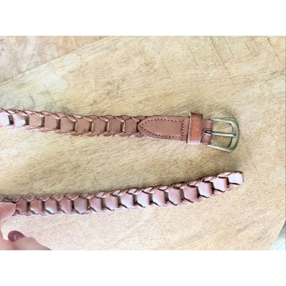 Contempo Leather Brown Woven Braided Belt Brass Buckle Size 30 Made in India